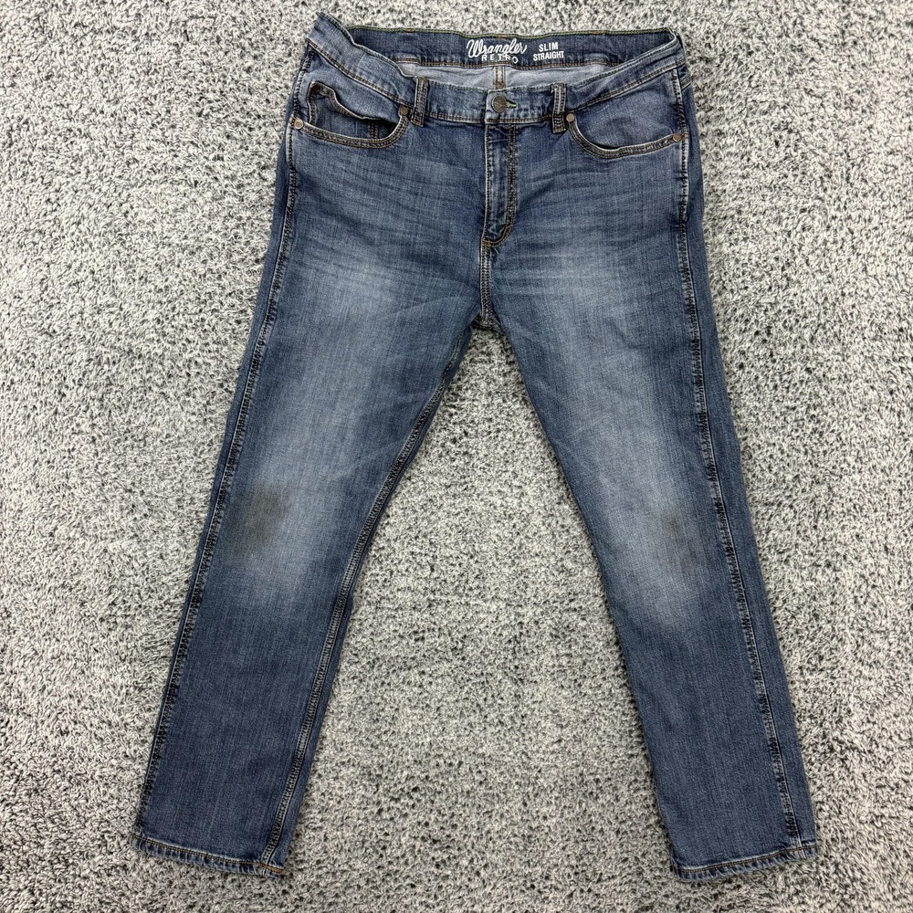 Wrangler Retro Jeans Mens 38x32 Blue Denim Slim Straight Stretch Medium Wash